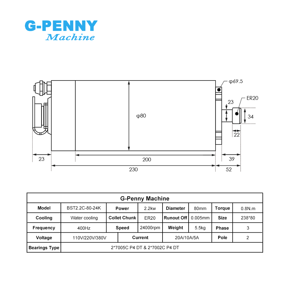 G-Penny 2.2kw ER20 Water Coole - 2.2Kw Water Cooled Spindle Kit Vfd 评论和价格